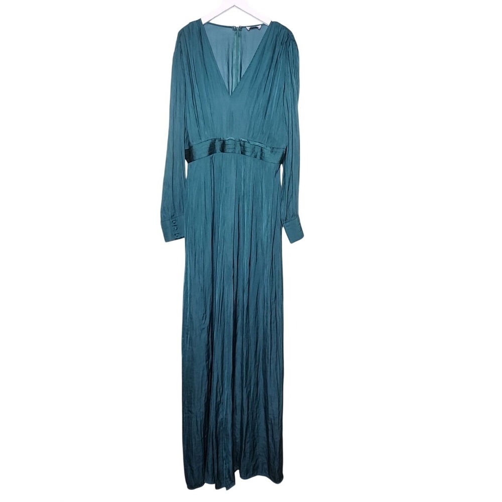 Aura Green Jumpsuit V-Neck Long Sleeve Wide Leg Flowy L